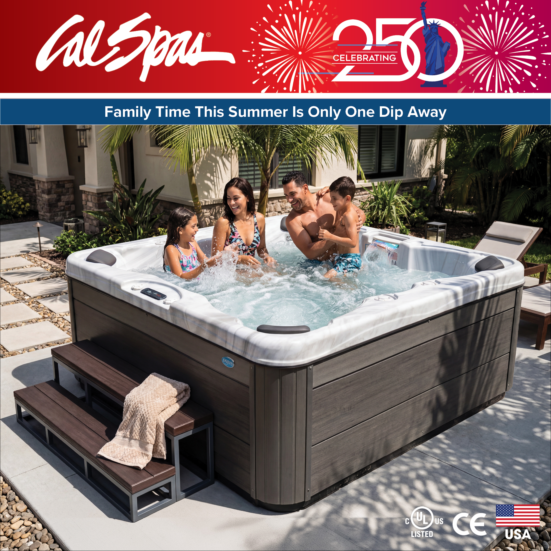 Calspas hot tub being used in a family setting - Paramount